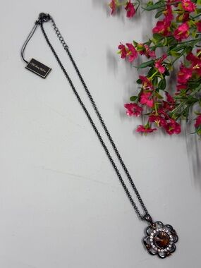 Fifth Avenue Collection NWT Black Floral Pendant Necklace with Amber Crystal